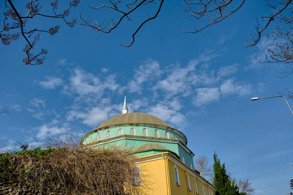 Golyazi的当地清真寺及其尖塔一直延伸到天空 城镇绿黄两色 背景为天空的清真寺 伯莎Golyazi 阿波罗 土耳其布尔萨 — 图库照片