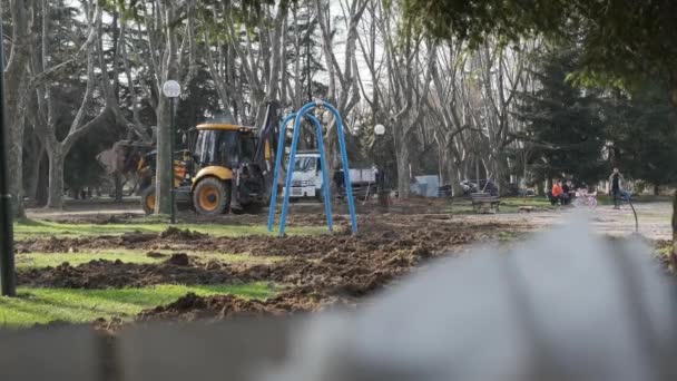 Obras Construção Bursa Parque Botânico Greyder Pequeno Caminhão Carga Descarga — Vídeo de Stock