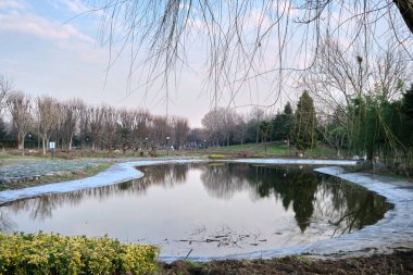Sonbahar renkleriyle küçük göl ve göl manzarası. Büyük ağaçlar ve göldeki yansımaları.