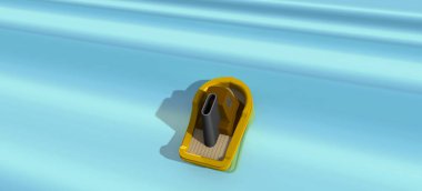 Üç boyutlu görüntüleme. Turkuaz denizin dalgasında küçük ve şirin renkli bir tekne. Güneşe ve gökyüzüne giden renkli bir tekne..