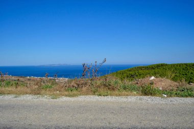Sarı toprak, yeşil bitkiler, mavi gökyüzü ve güneşli bir günde Marmara denizi. Mudanya, Bursa, Türkiye.