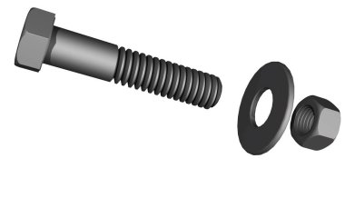 Altıgen cıvata, çamaşır makinesi ve çelik ve katafat kaplamasından yapılmış fındık. 3B Hazırlama.