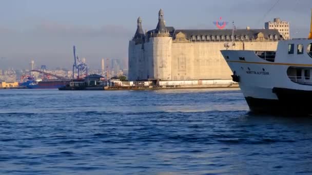 伊斯坦布尔 土耳其博斯普鲁斯海峡的海鸥 背景是古老的海德尔帕萨火车站 位于博斯普鲁斯海峡 Haydarpasa的保险范围包括内部运输轮渡的建筑工程 — 图库视频影像