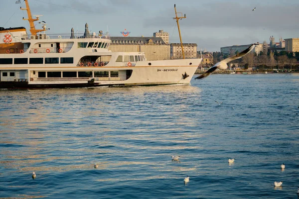 Türkiye 26.02.2021. Bosphorus Sea istanbul 'da toplu taşıma gemisi. İstanbul Boğazı 'ndaki gemi ve feribot. Güneşli bir günde ve sabahın erken saatlerinde, Haydarpaşa ana tren istasyonuyla..