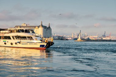 26.02.2021. İstanbul. Hindi. Sabahın erken saatlerinde Bosporus deniz iç taşımacılığı feribotu ve feribotta güneş yansıması. Feribot ve etrafında bir sürü martı.. 
