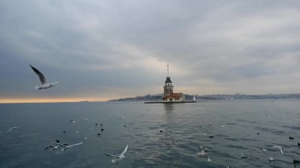 Toren Van Maagd Kiz Kulesi Istanbul Turkije Tijdens Bewolkt Weer — Stockvideo