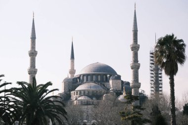 Türkiye istanbul 03.03.2021. İstanbul 'daki Mavi Cami (Sultanahmet) ve minaresi. İnşaat alanındaki bir cami minaresi. Mavi gökyüzü ve turist, önündeki ağaçlar sultanahmet meydanında..