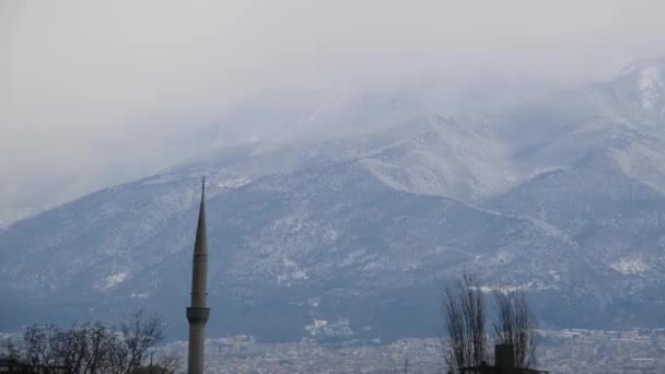 Alberi Secchi Piccola Moschea Minareto Con Sfondo Ulu Montagna Uludag — Video Stock