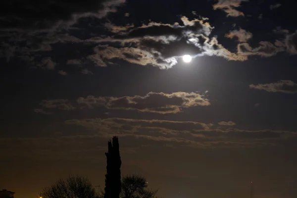 Gece Fotoğrafı Dolunay Gökyüzünde Ayın Önündeki Bulutlar Şehrin Işığı Tek — Stok fotoğraf