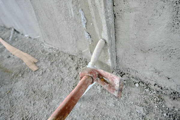 Trowel Adze Front Recently Made Plastered Wall Concrete Red Colors — Stock Photo, Image