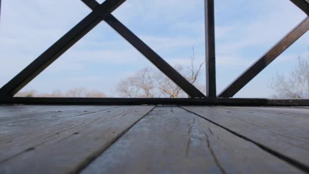 Single Man Bird Watching Tower Walking Naked Foot Wearing Blue — Stock Video