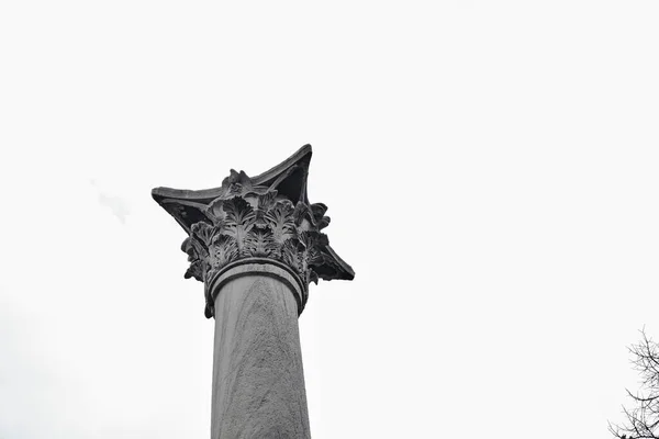 Column of the goths established in gulhane park and near the topkapi palace and it is extends to overcast sky and rainy day with many withered branches of tree.