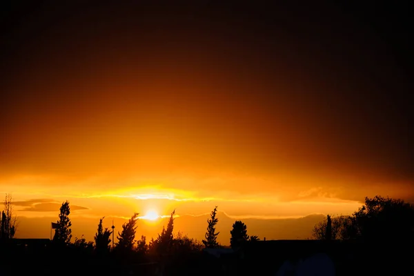 Foto Sol Durante Atardecer Muchas Siluetas Ciudad Árboles —  Fotos de Stock