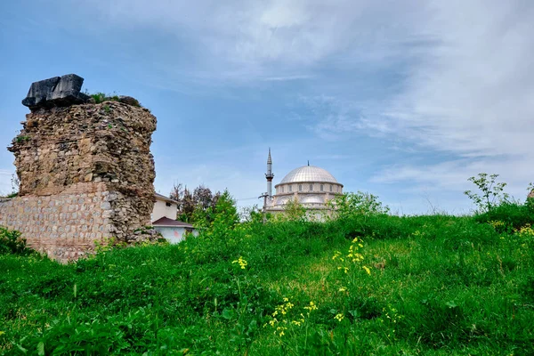 비잔티움에 세워진 니케아 부르사 폐허와 이슬람 사원의 초록빛 노란색 꽃들로 — 스톡 사진