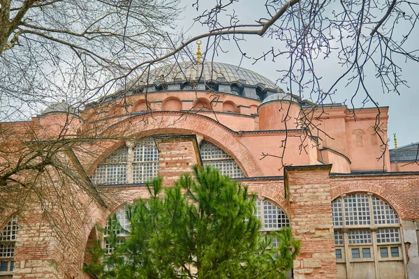 海格娅 索菲亚 Yasofya 清真寺 教堂或博物馆笼罩在巨大的云彩之下 古建筑的立面是用红砖砌成的 在枯萎的树枝和绿松树后面 — 图库照片