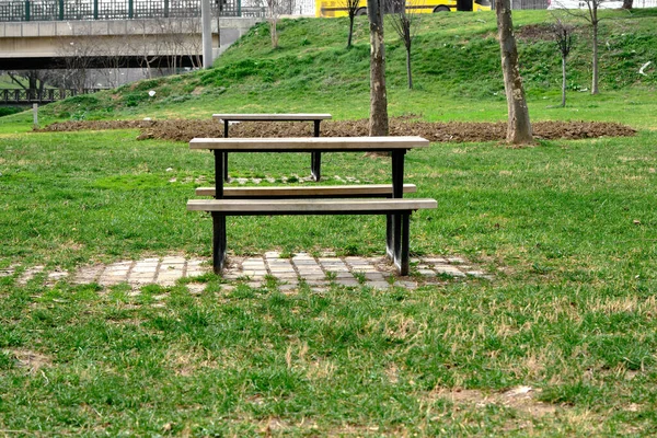 Wooden Table Red Pattern Wooden Table Green Park Small Bridge — Stock Photo, Image