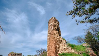 Nicaea 'daki eski ve antik şehir duvarı (iznik Bursa) Bizans tarafından yıkıntı ve taş mezarlarla kurulmuş, güneşli bir günde yeşil çimenler ve sarı çiçekler ve büyük çimenler boyunca uzanan küçük patika..