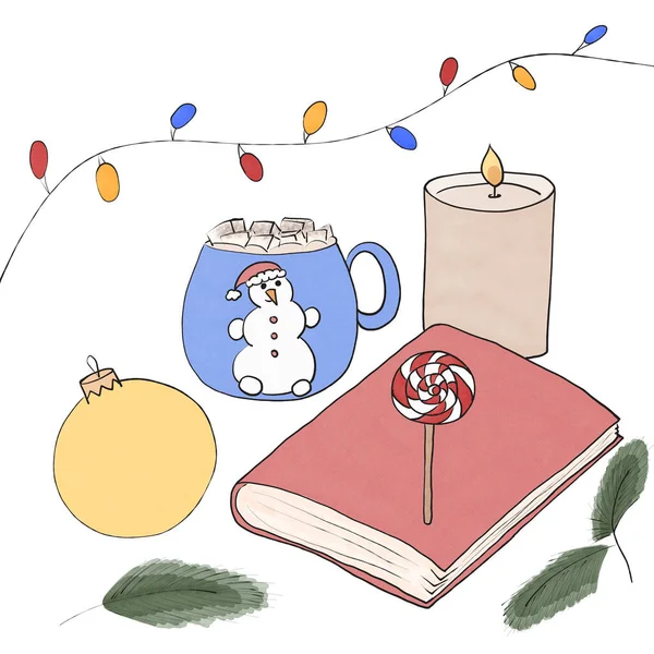 Noel Estetiği, mum kitabı, lolipop kupası Noel ağacı oyuncağı.