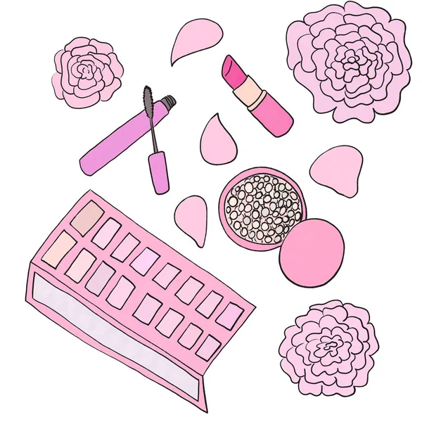 pink cosmetics set lipstick mascara powder eye shadow