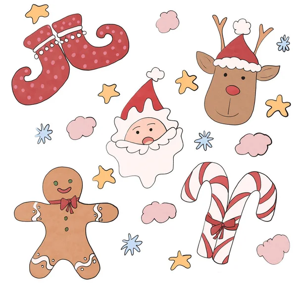 Noel Baba, geyik çizmeleri, kurabiyeler ve lolipoplar.