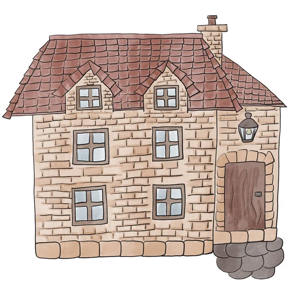 Brick House Stone Foundations Burgundy Roof — Stock Photo, Image