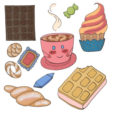 Bir fincan tatlı bir fincan çay kurabiyesi çikolatalı kek şekerli waffle kruvasan.