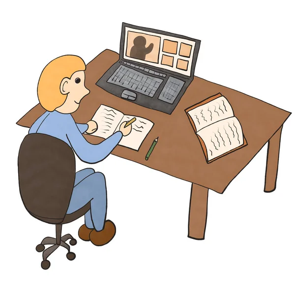 Çevrimiçi sınıftaki çocuk görevlerini yerine getiriyor