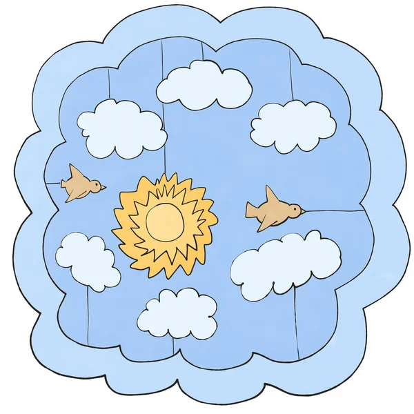 bulutlu kağıt gökyüzü ve güneş ve uçan kuşlar