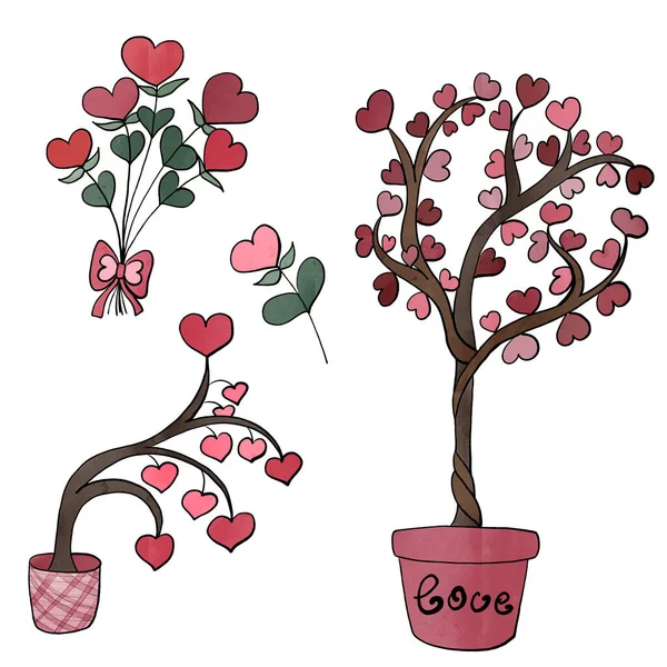 Çiçek ağacı ve çiçek dolu kalpler.