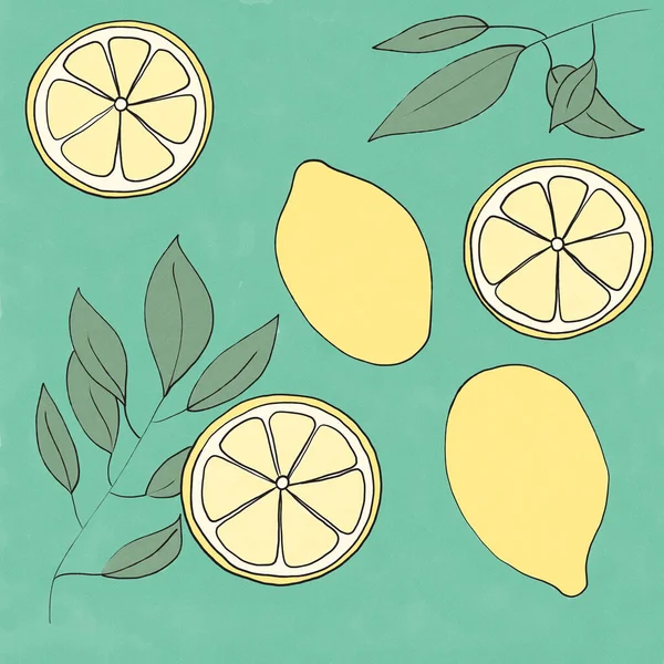 Üç dilimlenmiş limon ve iki büyük limon ve yeşil yapraklar yeşil temanın üzerinde uzanıyor.