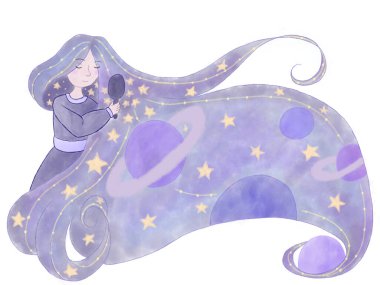 Kız evren saçlarını yıldızlar ve gezegenlerle tarıyor.