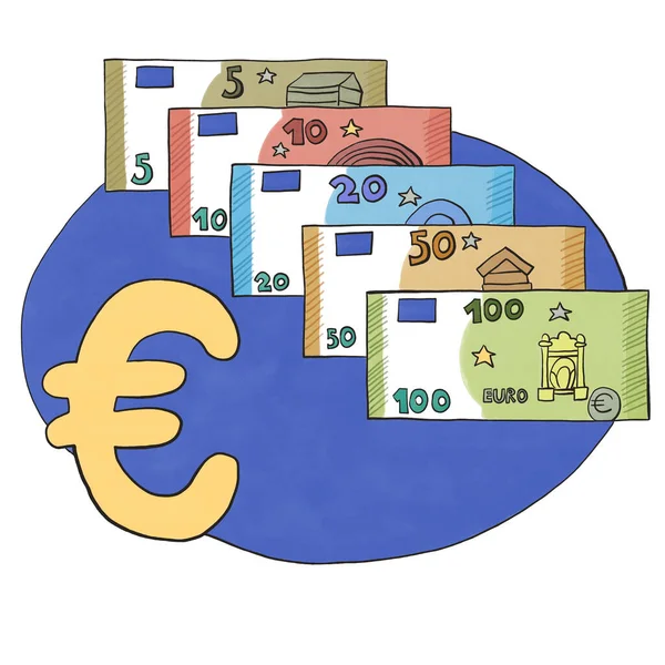 欧元钞票和欧元符号的图解 — 图库照片