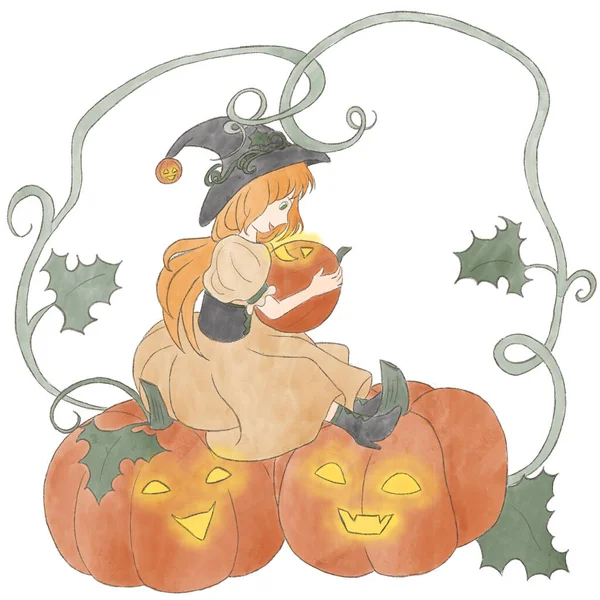 Little Red Haired Witch Sits Surrounded Pumpkins — Stock Photo, Image