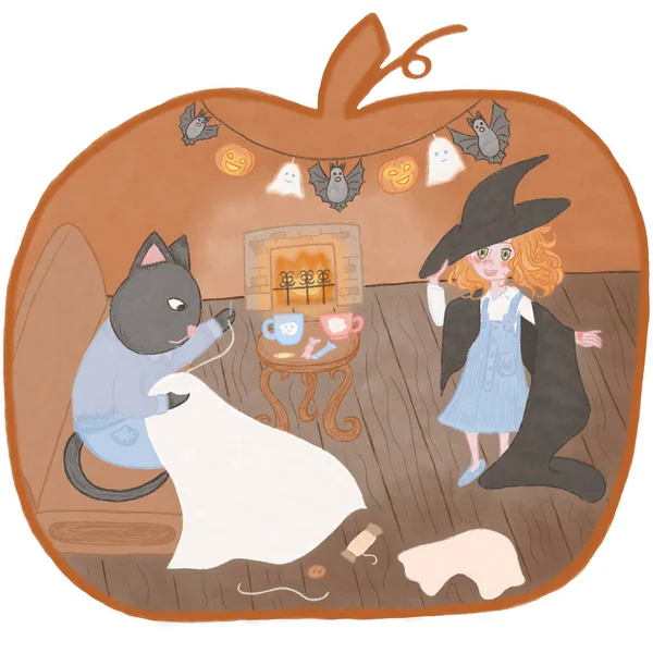 Kara kedi ve küçük kız kostüm yapıyor.