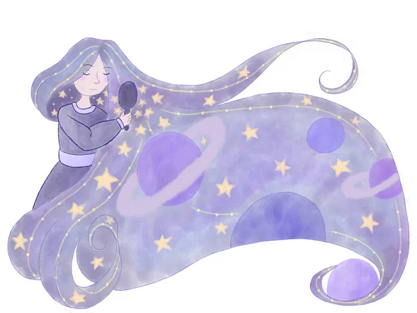 Kız evren saçlarını yıldızlar ve gezegenlerle tarıyor.