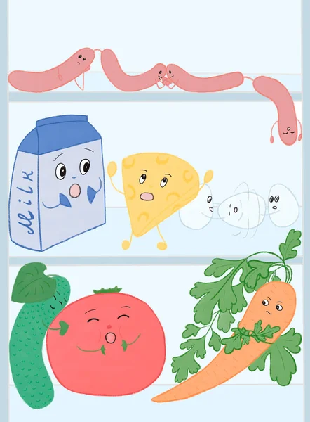 Komik yiyecekler buzdolabında eğleniyor.