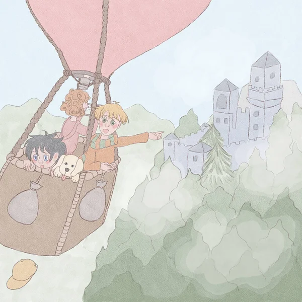 Üç çocuk sıcak hava balonuyla seyahat eder ve bir kale görürler.