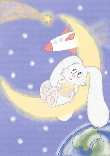 Милый Кролик Луне Космосе Ловит Падающие Звезды — стоковое фото