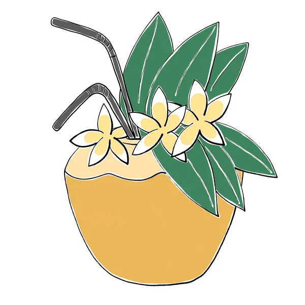 Çiçek ve yapraklarla süslenmiş tropik kokteyl.