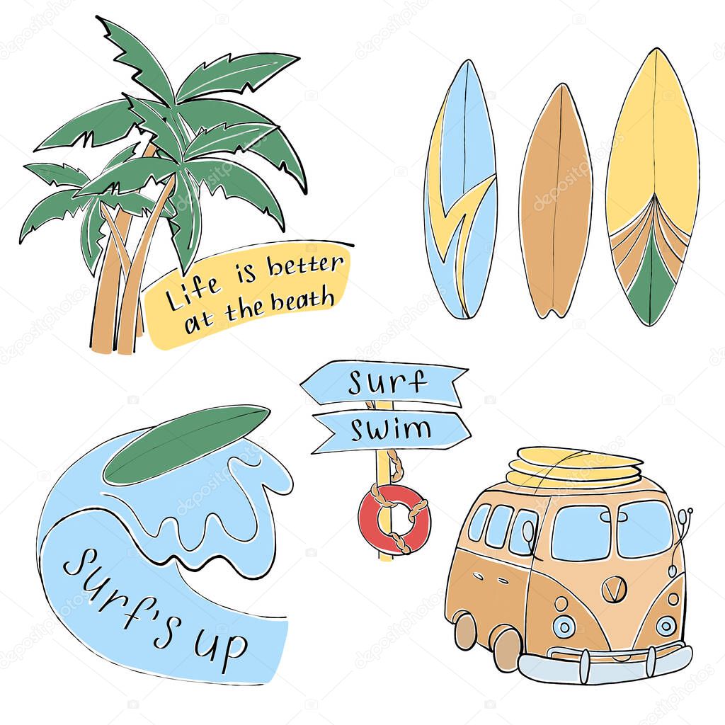 summer beach surfing set palm trees wave surfboard