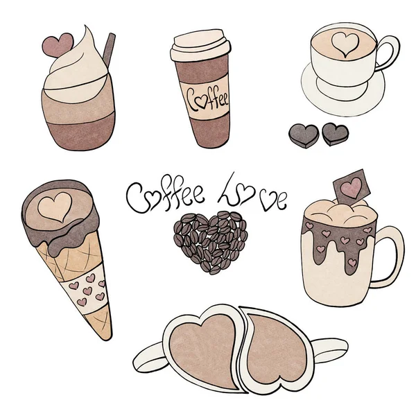coffee set - coffee love- coffee beans, takeaway coffee, waffle cone coffee, coffee with ice cream, coffee in a cup, coffee with cream, coffee in heart-shaped cups
