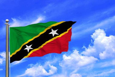 Saint Kitts ve Nevis Bayrağı Rüzgarda Dalgalanıyor Güzel bir yaz mavi gökyüzünde