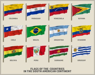 Şeffaf Arkaplanda Kesilen Tüm Güney Amerika Ülkelerinin Gerçekçi Bayraklarının Koleksiyonu