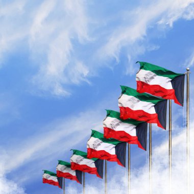 Kuveyt Ulusal Bayrak Direkleri Rüzgarda Dalgalanıyor Mavi bir arkaplanda