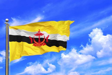 Brunei Ulusal Bayrağı Rüzgarda Dalgalanıyor Güzel bir yaz mavi gökyüzünde