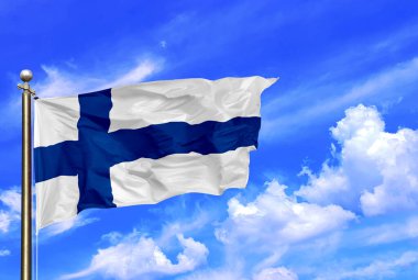 Finlandiya 'nın mavi ulusal bayrağı Güzel bir yaz mavi gökyüzünde rüzgarda dalgalanıyor