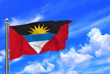 Antigua ve Barbuda Ulusal Bayrağı Parlak Mavi Gökyüzüne Karşı Dalgalanıyor