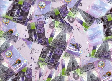 Leylak rengi 5 Dinar Kuveyt Banknotları Finansal Arkaplanda Harmanlandı