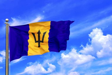 Barbados Ulusal Bayrağı Rüzgarda Dalgalanıyor Güzel bir yaz mavi gökyüzünde