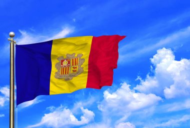 Andorra Ulusal Bayrağı Açık Mavi Gökyüzüne Karşı Dalgalanıyor